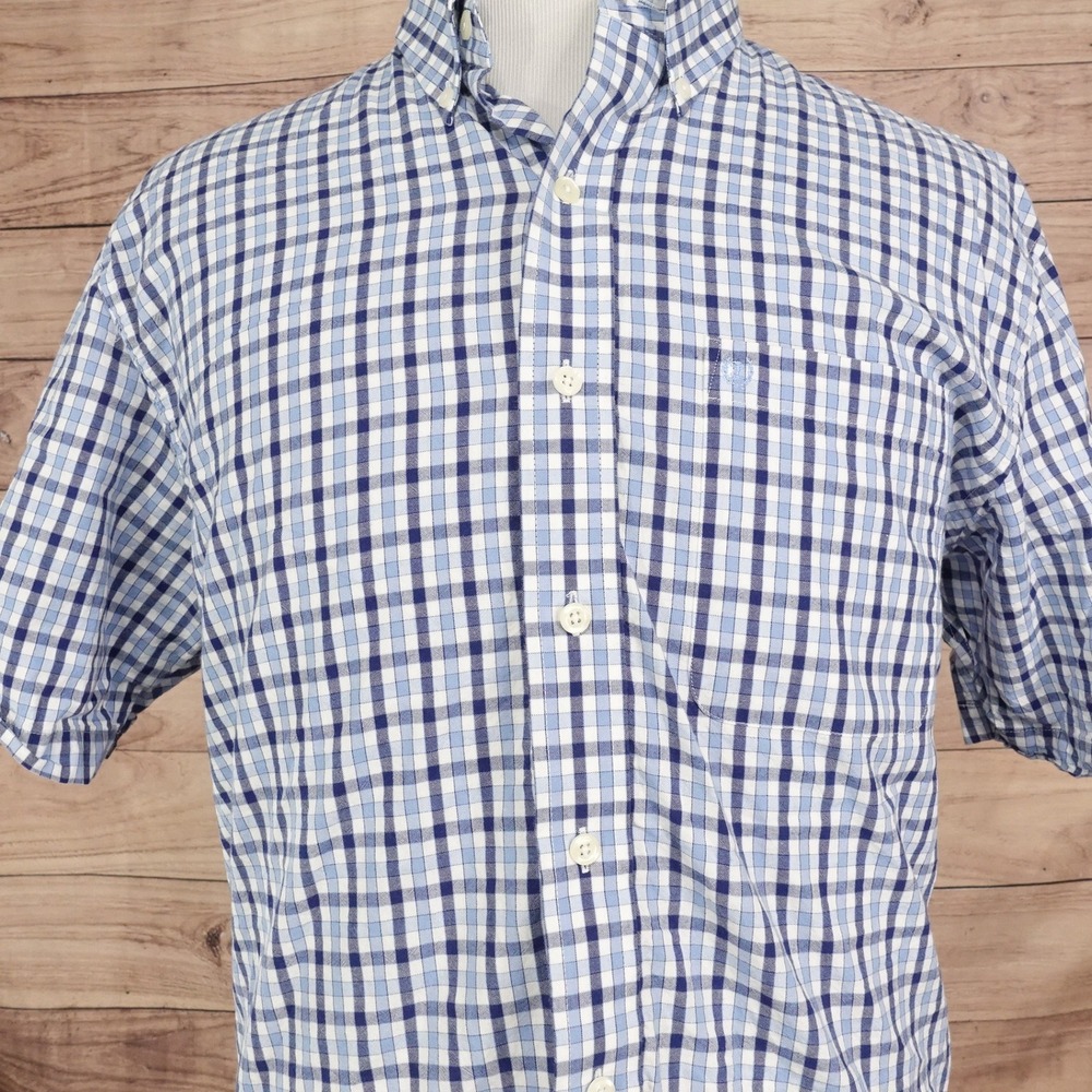 IZOD Easy Care Button Down Shirt Mens Large Blue Gingham Check Short Sleeve